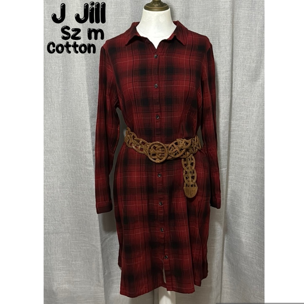 J Jill Shirt Dress-Sz M-Cotton-Plaid-Red/Black-Lightweight-EUC
